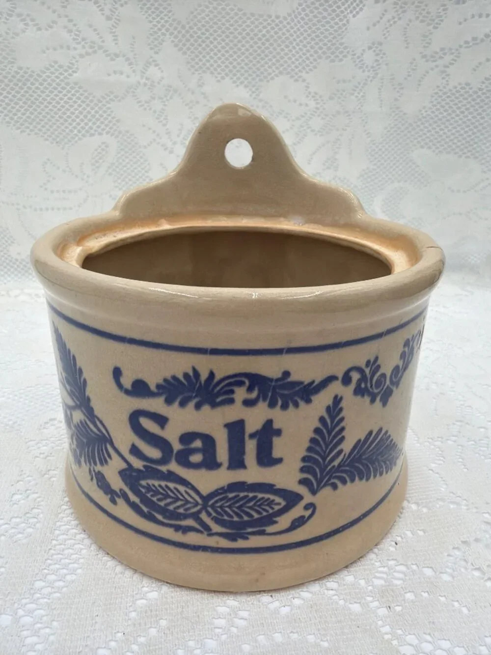 Antique Blue Onion Salt Box | Large Ceramic Salt Cellar | Wall Mount or Countert